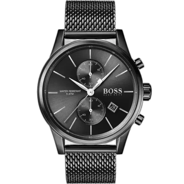 Hugo Boss Jet 1513769 men's chronograph watch with a sleek black sunburst dial, luminous silver hands and markers, three sub-dials, tachymeter bezel, date window at 4:30, and sophisticated black stainless steel bracelet with push-button deployment clasp.