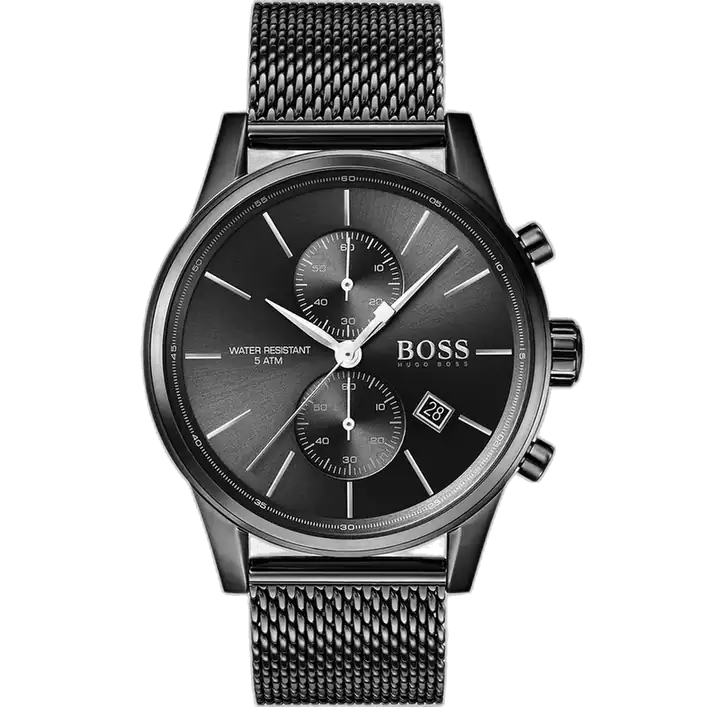 Hugo Boss Jet 1513769 men's chronograph watch with a sleek black sunburst dial, luminous silver hands and markers, three sub-dials, tachymeter bezel, date window at 4:30, and sophisticated black stainless steel bracelet with push-button deployment clasp.