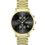 Hugo Boss Integrity 1513781 men's chronograph watch with a black sunburst dial and gold-tone stainless steel bracelet.