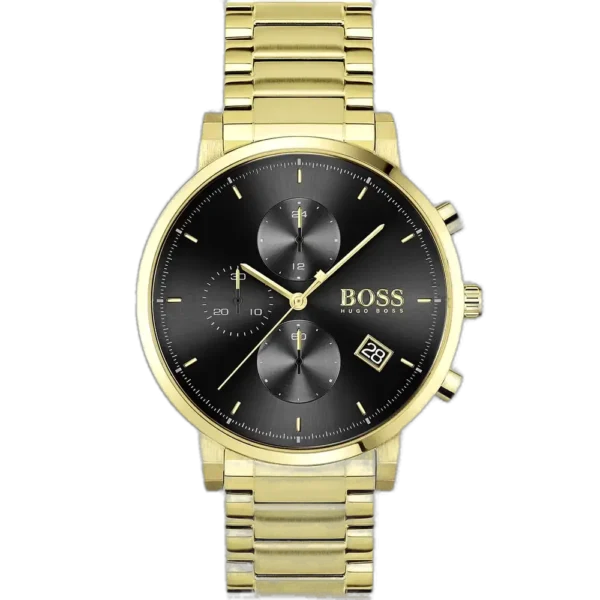 Hugo Boss Integrity 1513781 men's chronograph watch with a black sunburst dial and gold-tone stainless steel bracelet.