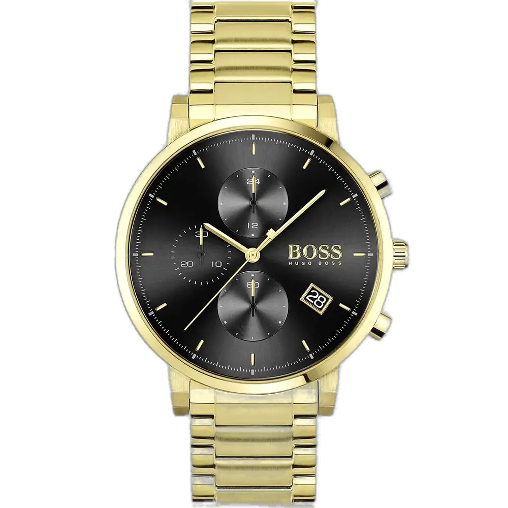 ساعة هوجو بوس انتيجرتي 1513781 رجالية كرونوغراف، بمينا أسود إشعاع شمسي وسوار من الستانلس ستيل الذهبي.