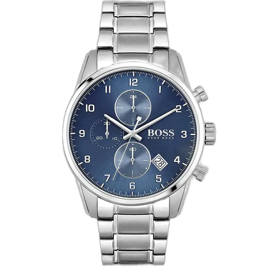 ساعة هوجو بوس سكاي ماستر 1513784 رجالية كرونوغراف بمينا زرقاء، عقارب فضية مضيئة، ثلاثة عدادات، إطار تاخيميتر، سوار ستانلس ستيل فضي.