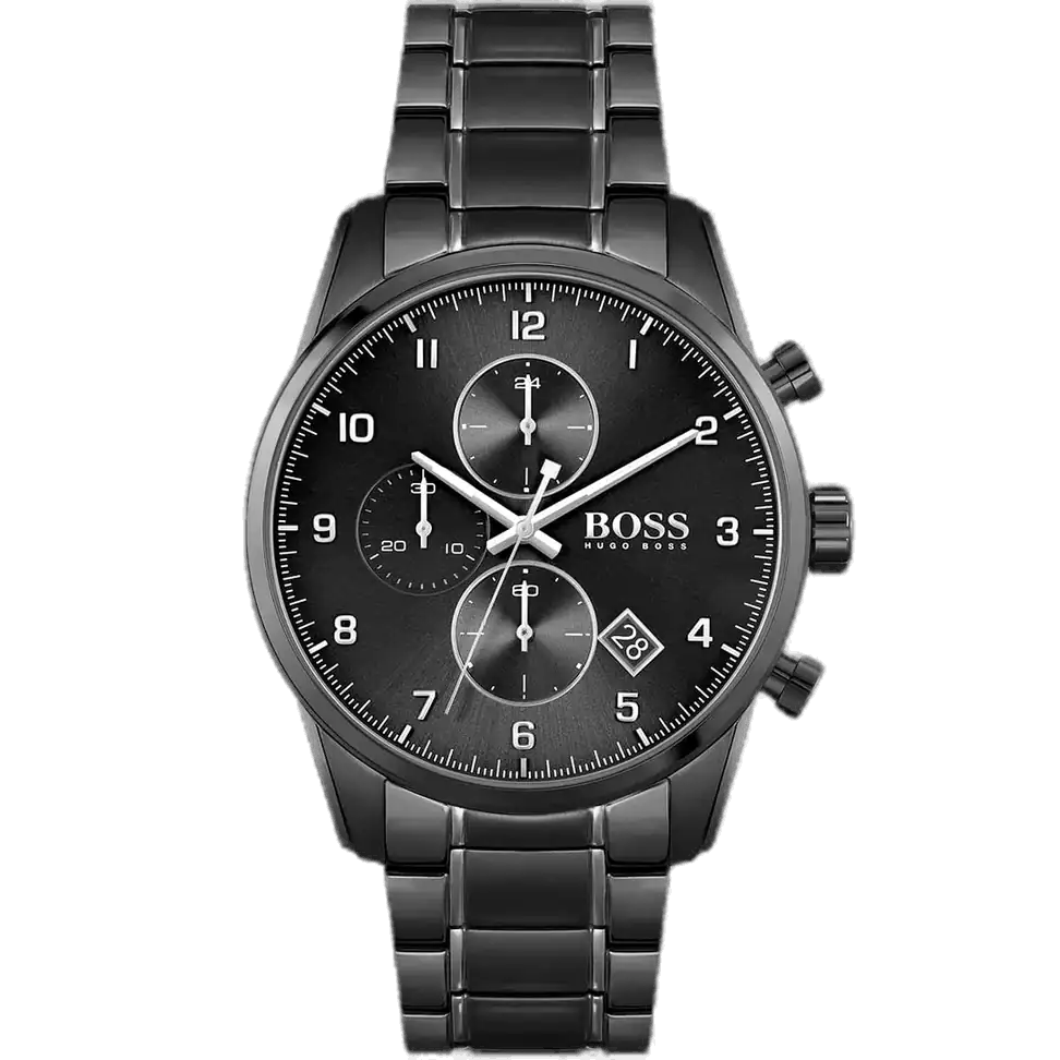 ساعة هوجو بوس سكاي ماستر 1513785 رجالية كرونوغراف بمينا سوداء، عقارب فضية مضيئة، ثلاثة عدادات، إطار تاخيميتر، سوار ستانلس ستيل أسود.