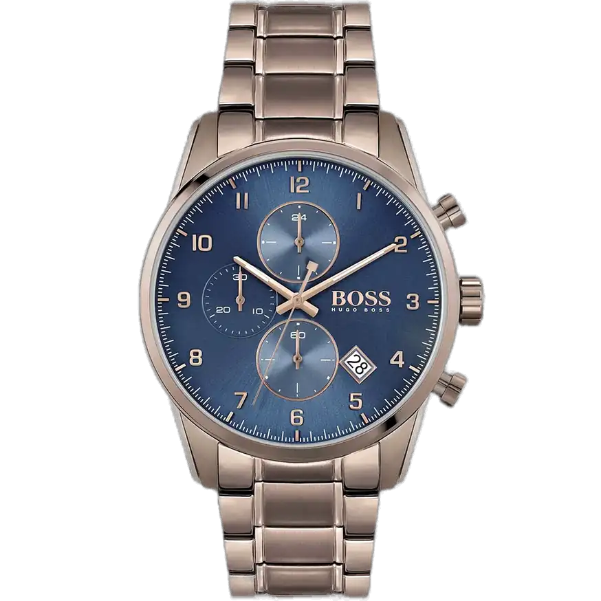 ساعة هوجو بوس سكاي ماستر 1513788 رجالية كرونوغراف بمينا زرقاء، عقارب فضية مضيئة، ثلاثة عدادات، إطار تاخيميتر، سوار ستانلس ستيل بني.