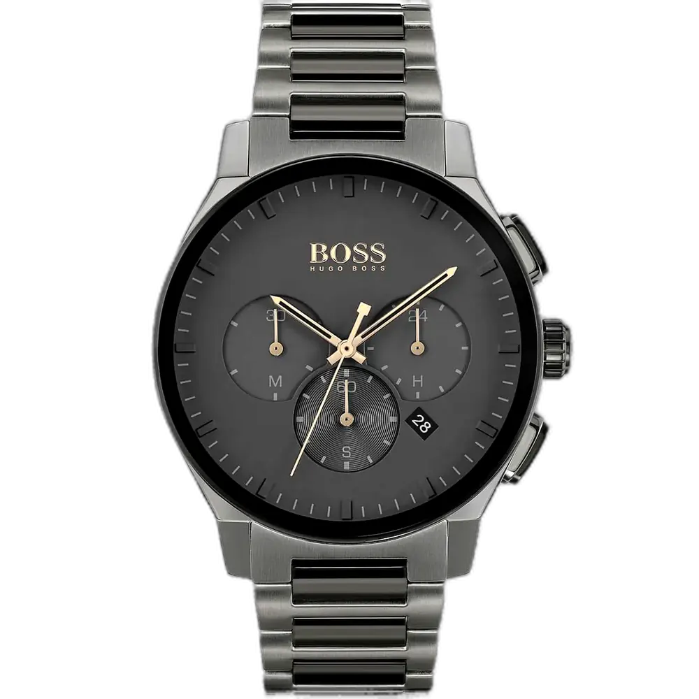 ساعة هوجو بوس بيك 1513814 رجالية كرونوغراف، بمينا أسود إشعاع شمسي وسوار ستانلس ستيل بلونين رمادي وأسود.