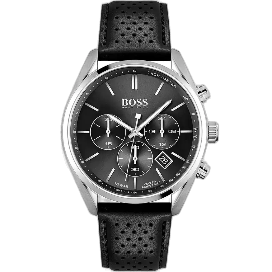 Hugo Boss Champion 1513817 men's chronograph watch with blue sunburst dial, luminous silver hands, three sub-dials, tachymeter bezel, brown leather strap.