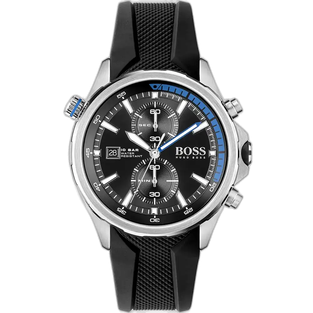 Hugo Boss Globetrotter 1513820 men's chronograph watch with a black sunburst dial and black silicone strap.