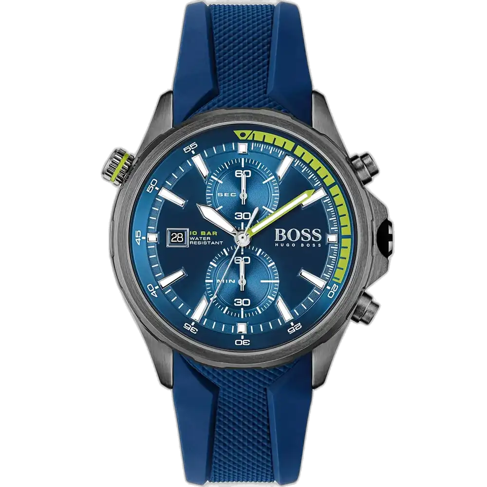 Hugo Boss Globetrotter 1513821 men's chronograph watch with a blue sunburst dial and blue silicone strap.
