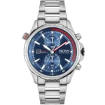 Hugo Boss Globetrotter 1513823 men's chronograph watch with a blue sunburst dial and silver stainless steel bracelet.