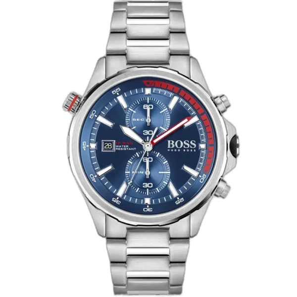 Hugo Boss Globetrotter 1513823 men's chronograph watch with a blue sunburst dial and silver stainless steel bracelet.