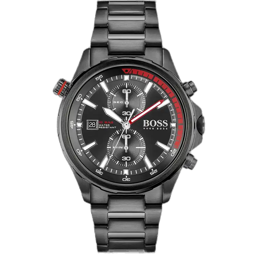 Hugo Boss Globetrotter 1513825 men's chronograph watch with black sunburst dial, luminous silver hands, three sub-dials, tachymeter bezel, black stainless steel bracelet.