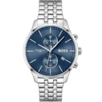 Hugo Boss Associate 1513839 men's chronograph watch with a blue sunburst dial and silver stainless steel bracelet.