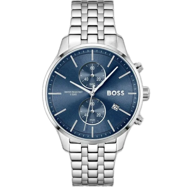 Hugo Boss Associate 1513839 men's chronograph watch with a blue sunburst dial and silver stainless steel bracelet.