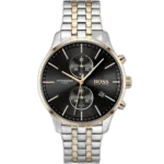 Hugo Boss Associate 1513840 men's chronograph watch with a black sunburst dial and two-tone silver and rose gold stainless steel bracelet.