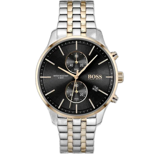 Hugo Boss Associate 1513840 men's chronograph watch with a black sunburst dial and two-tone silver and rose gold stainless steel bracelet.