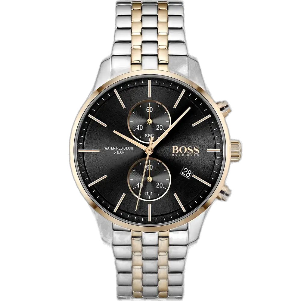 Hugo Boss Associate 1513840 men's chronograph watch with a black sunburst dial and two-tone silver and rose gold stainless steel bracelet.