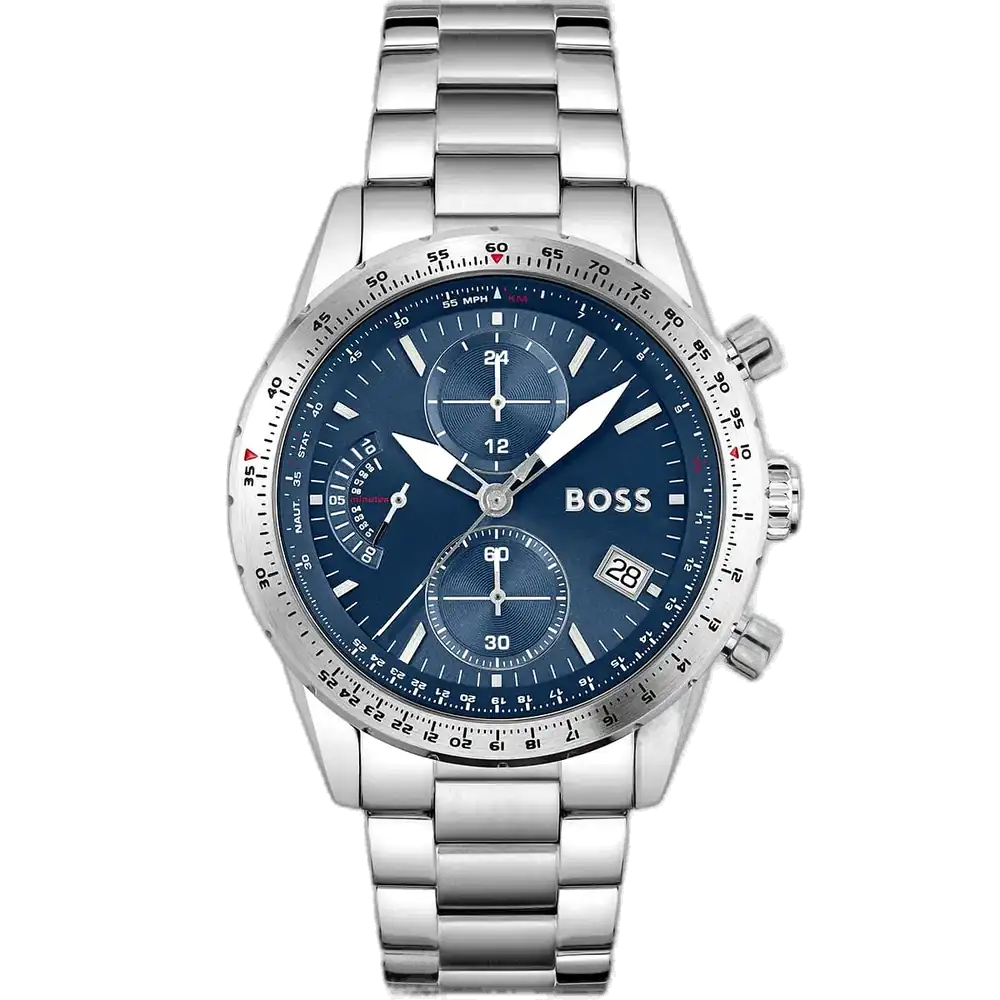 ساعة هوجو بوس بايلوت اديشن كرونو 1513850 رجالية كرونوغراف، بمينا أزرق إشعاع شمسي وسوار ستانلس ستيل فضي.