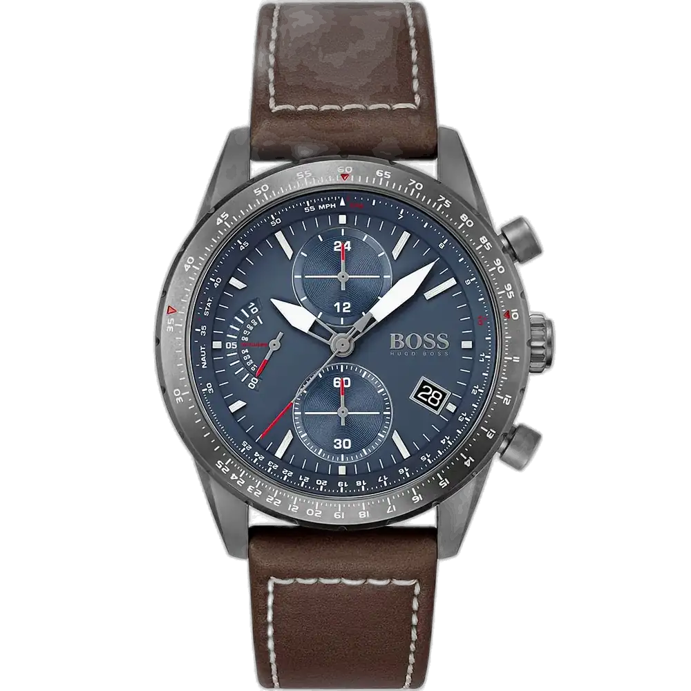 Hugo Boss Pilot Edition Chrono 1513852 men's chronograph watch with a blue sunburst dial and brown leather strap.