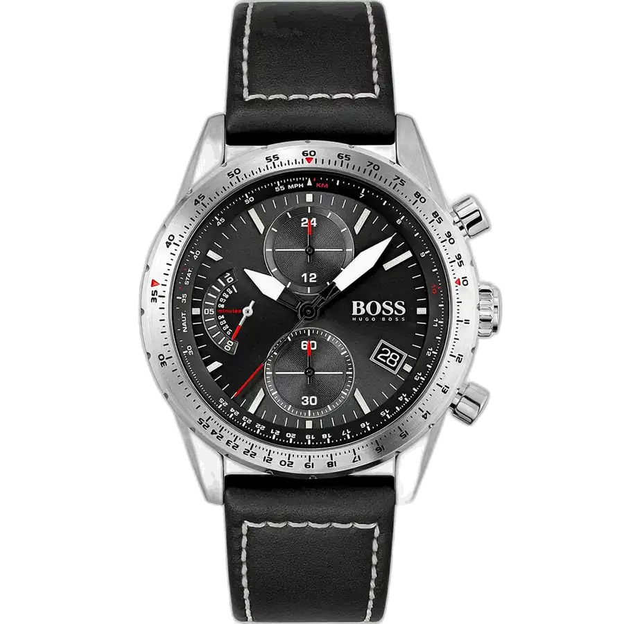 Hugo Boss Pilot Edition Chrono 1513853 men's chronograph watch with a black sunburst dial and black leather strap.