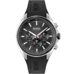 Hugo Boss Distinct 1513855 men's chronograph watch with a black sunburst dial and black silicone strap.