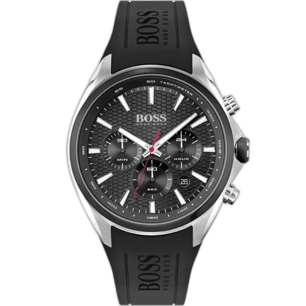 Hugo Boss Distinct 1513855 men's chronograph watch with a black sunburst dial and black silicone strap.