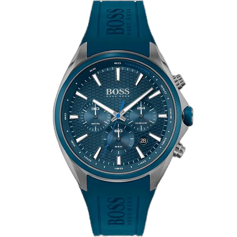 Hugo Boss Distinct 1513856 men's chronograph watch with blue sunburst dial, luminous silver hands, three sub-dials, tachymeter bezel, blue silicone strap.
