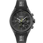 Hugo Boss Distinct 1513859 men's chronograph watch with a black sunburst dial and black silicone strap.