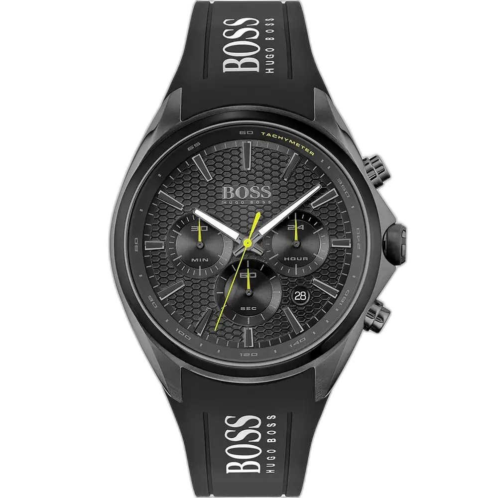 Hugo Boss Distinct 1513859 men's chronograph watch with a black sunburst dial and black silicone strap.