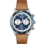 Hugo Boss Santiago 1513860 men's chronograph watch with a blue sunburst dial and brown leather strap.
