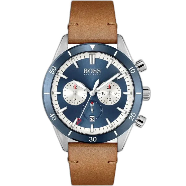 Hugo Boss Santiago 1513860 men's chronograph watch with a blue sunburst dial and brown leather strap.