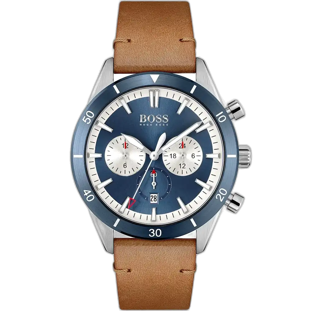 ساعة هوجو بوس سانتياغو 1513860 رجالية كرونوغراف، بمينا أزرق إشعاع شمسي وسوار جلد بني.
