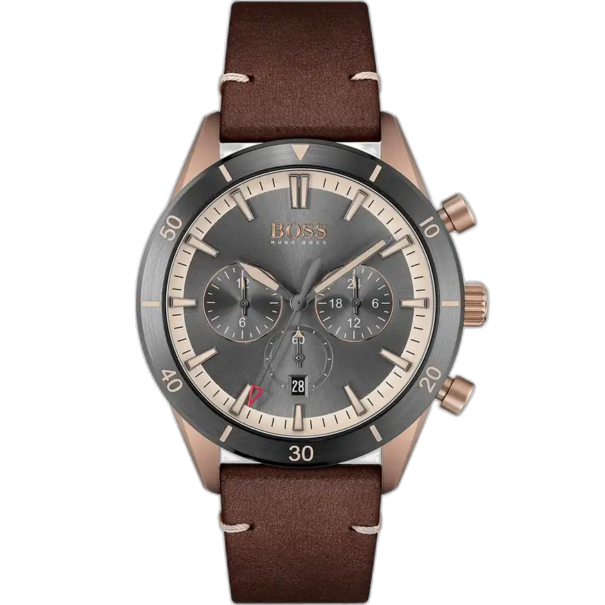 ساعة هوجو بوس سانتياغو 1513861 رجالية كرونوغراف بمينا رمادية، عقارب فضية مضيئة، ثلاثة عدادات، إطار تاخيميتر، سوار جلد بني.