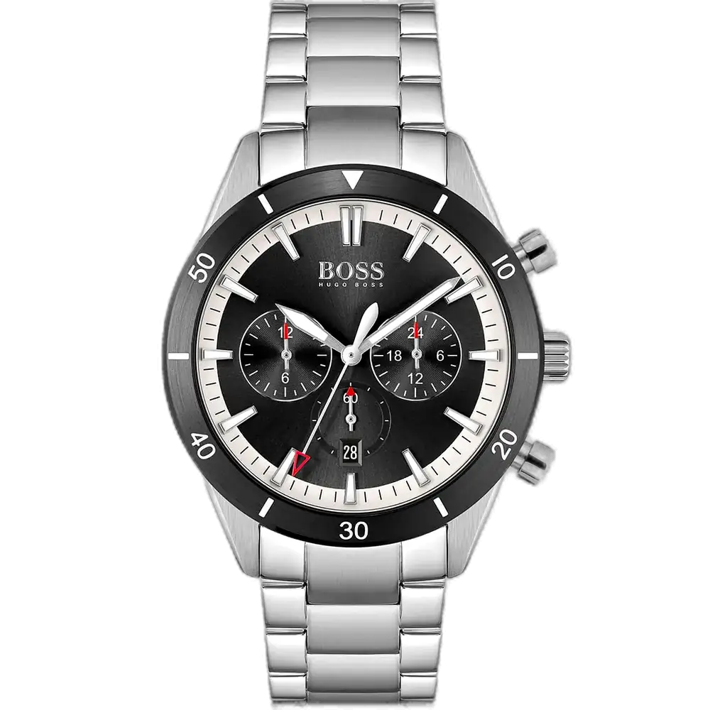 Hugo Boss Santiago 1513862 men's chronograph watch with a black sunburst dial and silver stainless steel bracelet.