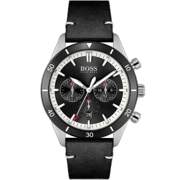 Hugo Boss Santiago 1513864 men's chronograph watch with a black sunburst dial and black leather strap.