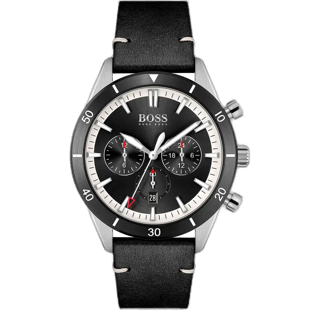 ساعة هوجو بوس سانتياغو 1513864 رجالية كرونوغراف، بمينا أسود إشعاع شمسي وسوار جلد أسود.