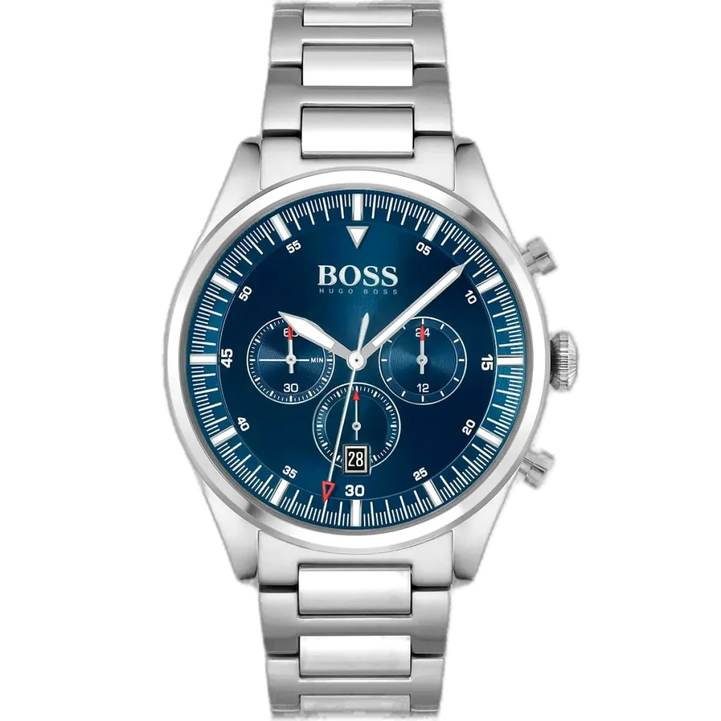 Hugo Boss Pioneer 1513867 men's chronograph watch with a blue sunburst dial and silver stainless steel bracelet.