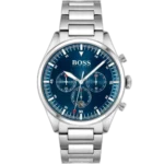 Hugo Boss Pioneer 1513867 men's chronograph watch with a blue sunburst dial and silver stainless steel bracelet.