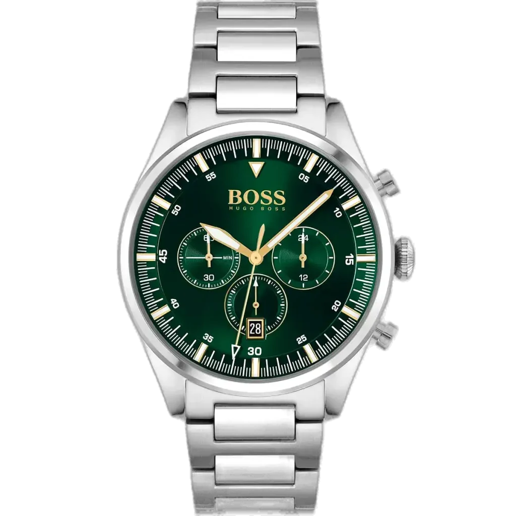 ساعة هوجو بوس بايونير 1513868 رجالية كرونوغراف، بمينا أخضر إشعاع شمسي وسوار ستانلس ستيل فضي.