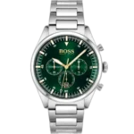 Hugo Boss Pioneer 1513868 men's chronograph watch with a green sunburst dial and silver stainless steel bracelet.