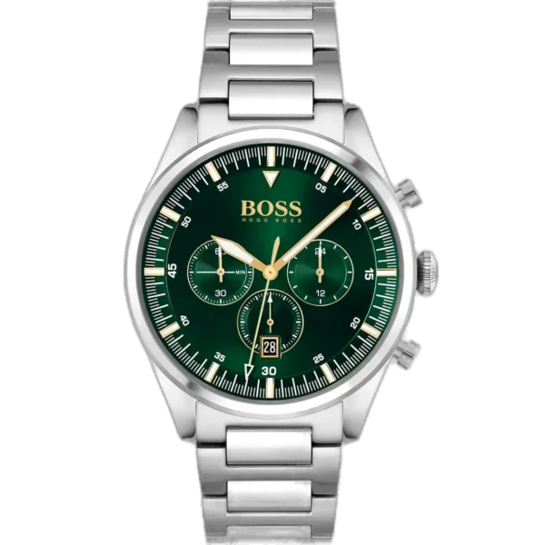 Hugo Boss Pioneer 1513868 men's chronograph watch with a green sunburst dial and silver stainless steel bracelet.