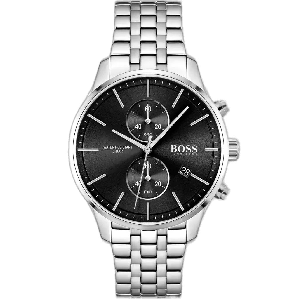 Hugo Boss Associate 1513869 men's chronograph watch with a black sunburst dial and silver stainless steel bracelet.