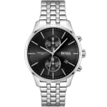 Hugo Boss Associate 1513869 men's chronograph watch with a black sunburst dial and silver stainless steel bracelet.