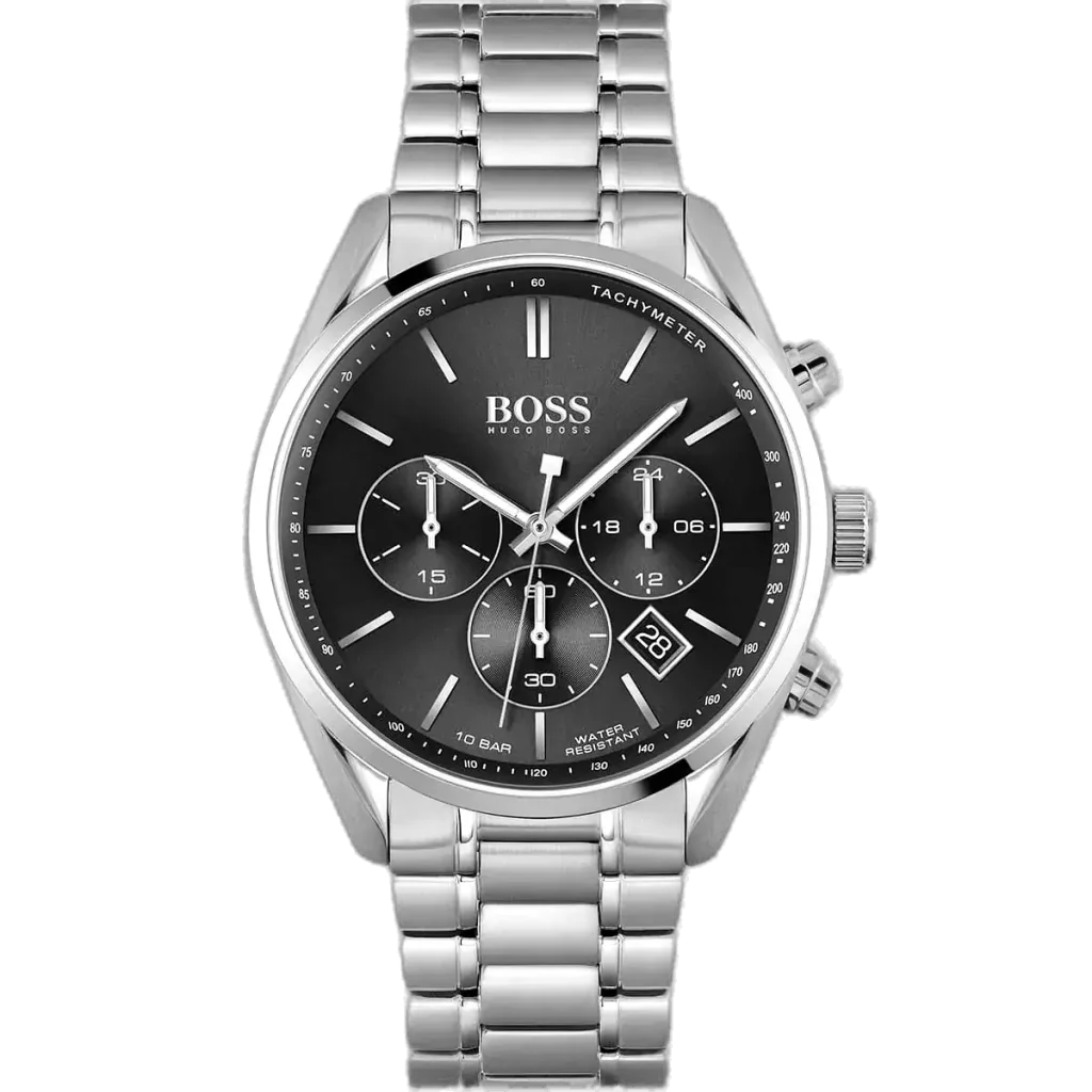 Hugo Boss Champion 1513871 men's chronograph watch with a black sunburst dial and silver stainless steel bracelet.