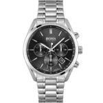 Hugo Boss Champion 1513871 men's chronograph watch with a black sunburst dial and silver stainless steel bracelet.