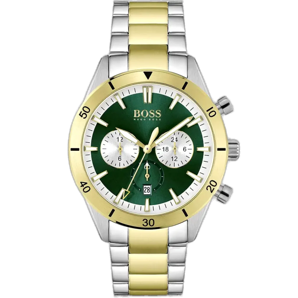 ساعة هوجو بوس سانتياغو 1513872 رجالية كرونوغراف، بمينا أخضر إشعاع شمسي وسوار ستانلس ستيل فضي وذهبي.