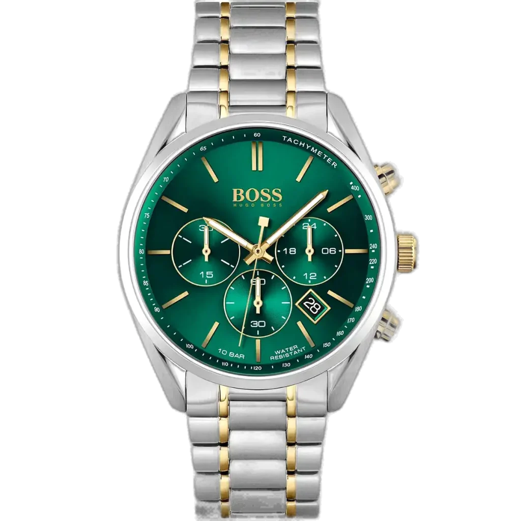 Hugo Boss Champion 1513878 men's chronograph watch with a green sunburst dial and silver & gold-tone stainless steel bracelet.