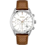 Hugo Boss Champion 1513879 men's chronograph watch with a white dial and brown leather strap.