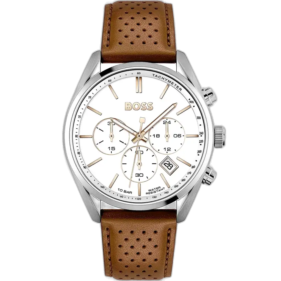 Hugo Boss Champion 1513879 men's chronograph watch with a white dial and brown leather strap.