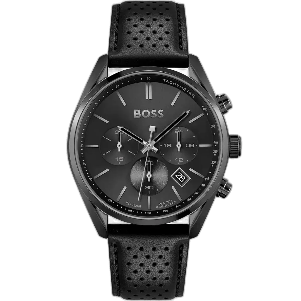 Hugo Boss Champion 1513880 men's chronograph watch with a black sunburst dial and black leather strap.