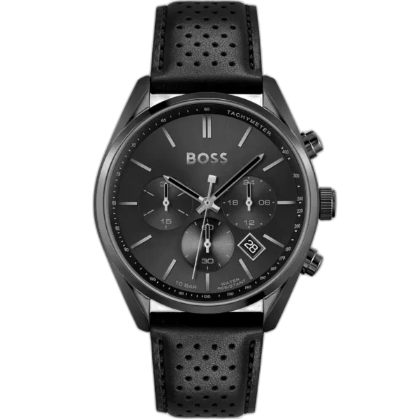Hugo Boss Champion 1513880 men's chronograph watch with a black sunburst dial and black leather strap.